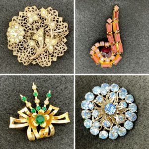 4 pc vintage rhinestone costume jewelry brooch pin lot